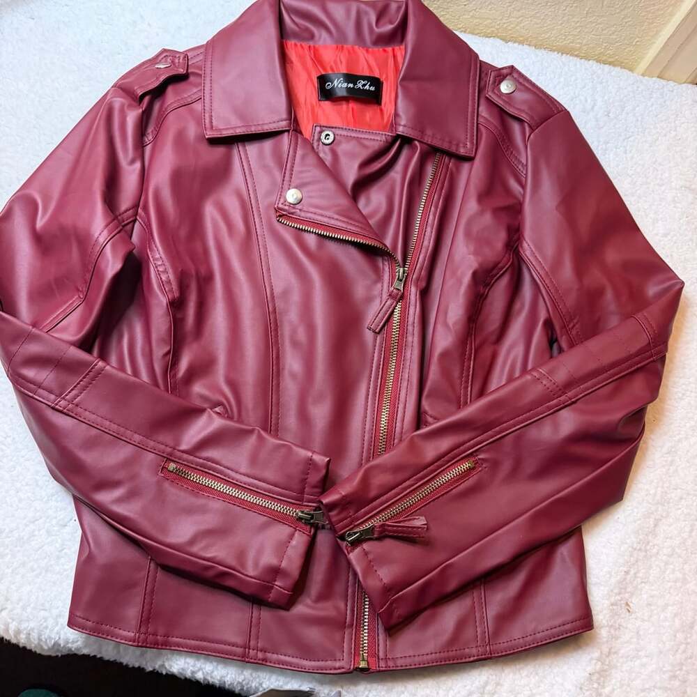 Nian Lhu Red Faux Leather Motorcycle Jacket